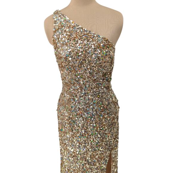 Sherri Hill Gold Sequin One-Shoulder Gown Size 8 Slit Formal Prom Dress - Picture 3 of 6